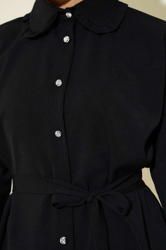 Ruffled Baby Collar Belted Shirt Black