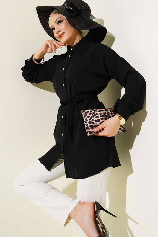 Ruffled Baby Collar Belted Shirt Black