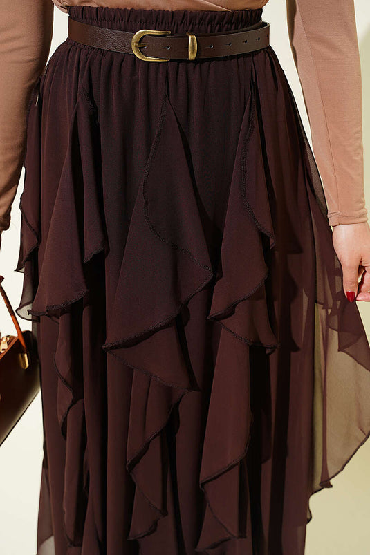 Jupe en chiffon à taille élastique et volantée, couleur café