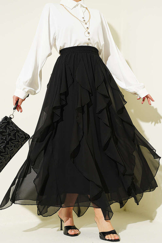 Jupe en chiffon noire à taille élastiquée et volantée