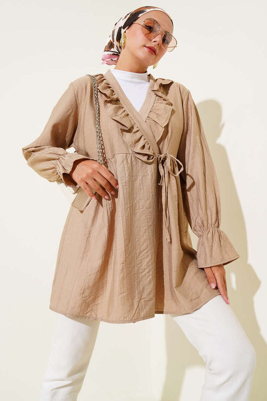 Ruffled Elasticated Ankle Kimono Camel