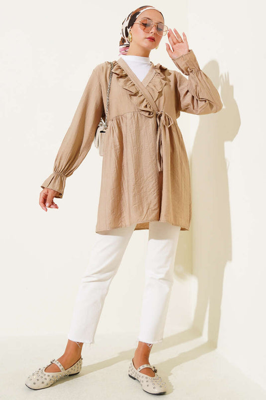 Ruffled Elasticated Ankle Kimono Camel