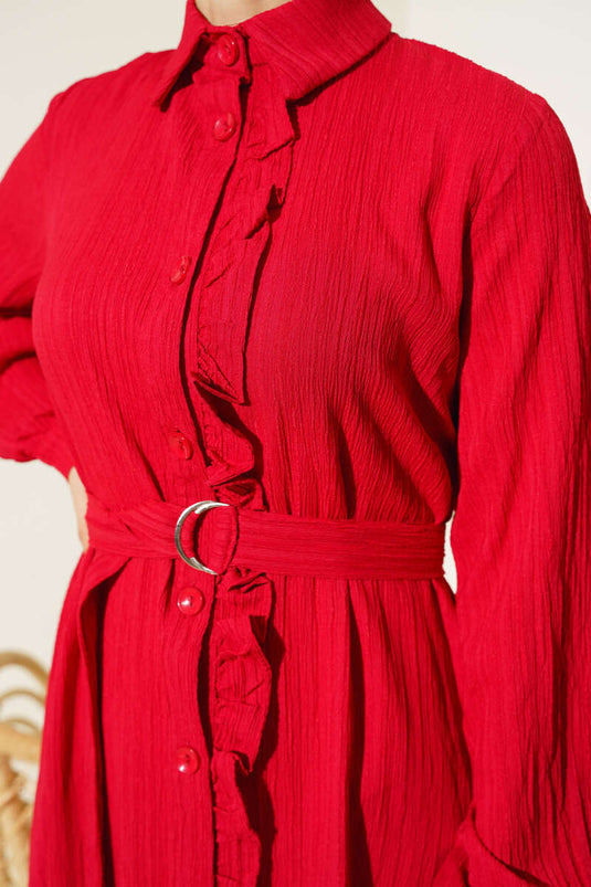 Robe Boutonnée Licou à Froufrous Rouge