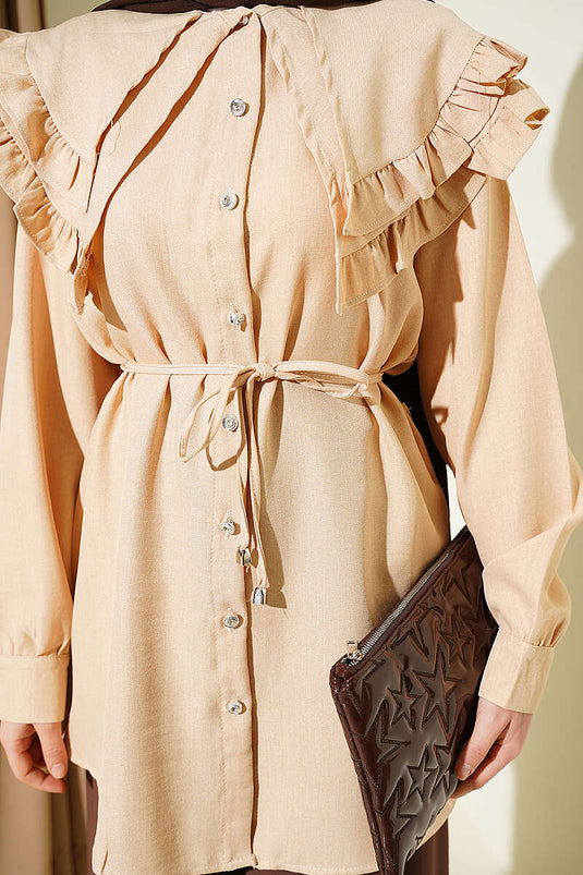 Ruffled Double Sailor Collar Shirt Beige