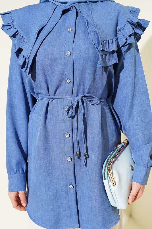 Chemise à col marin double avec volants, indigo