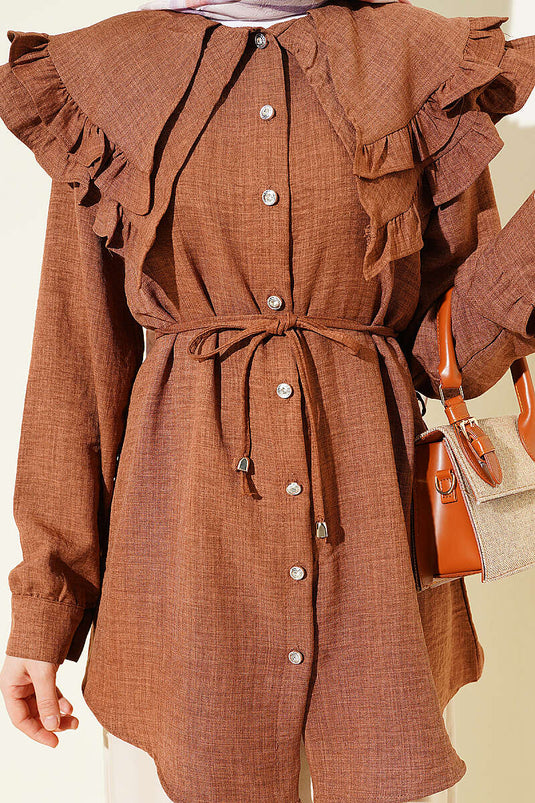 Ruffled Double Sailor Collar Shirt in Tan