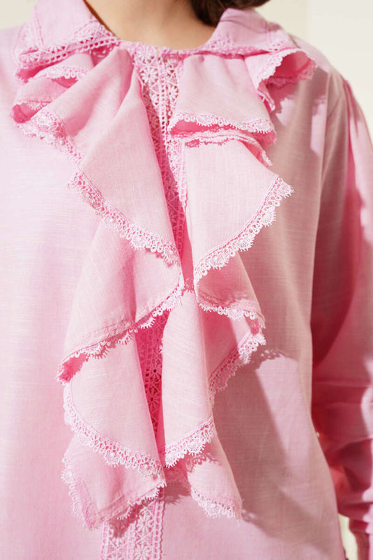 Ruffled Lace Collar Linen Shirt Pink