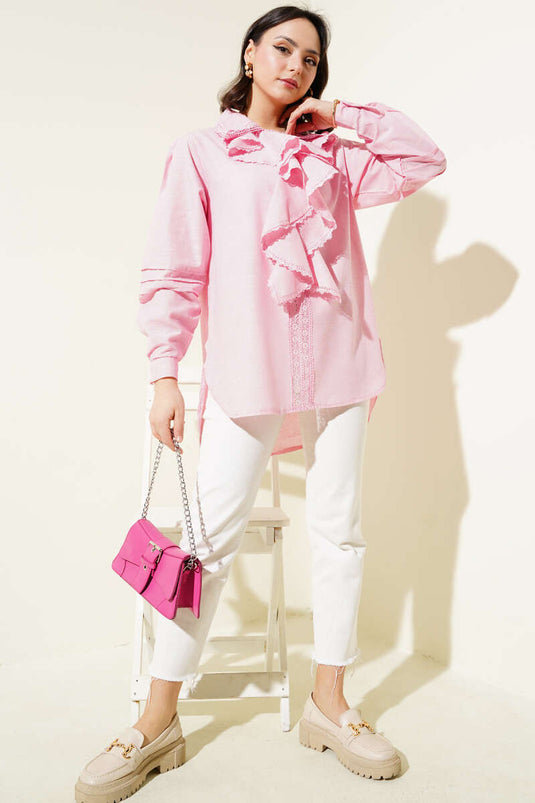 Ruffled Lace Collar Linen Shirt Pink