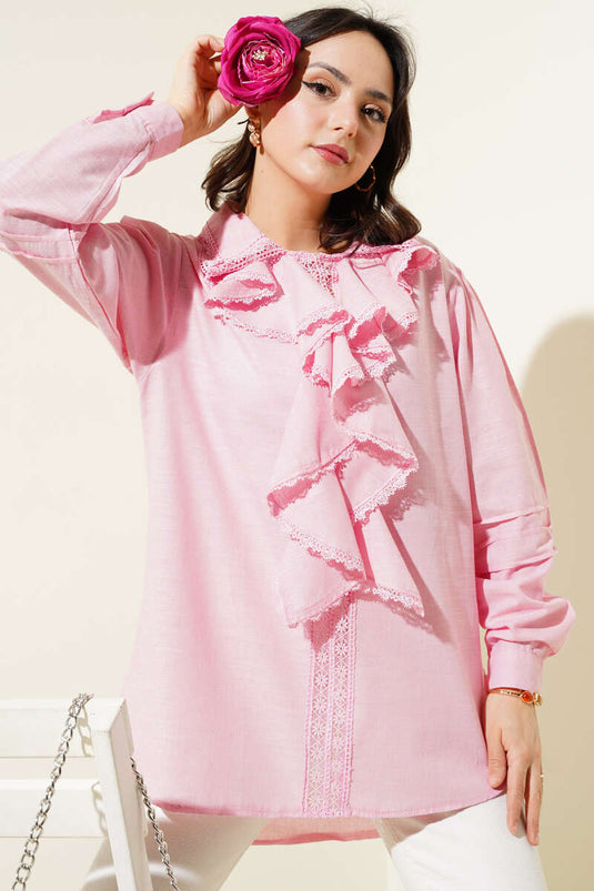 Ruffled Lace Collar Linen Shirt Pink