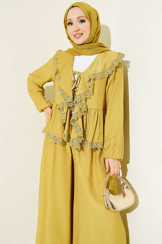 Ensemble deux pièces à cordon avec dentelle volantée, vert olive