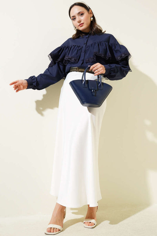 Chemise courte à volants en dentelle bleu marine