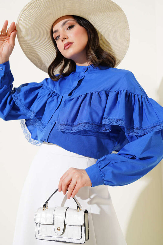 Ruffled Lace Short Shirt Royal Blue