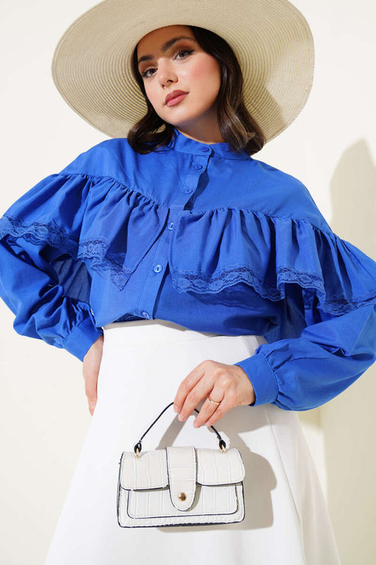 Ruffled Lace Short Shirt Royal Blue