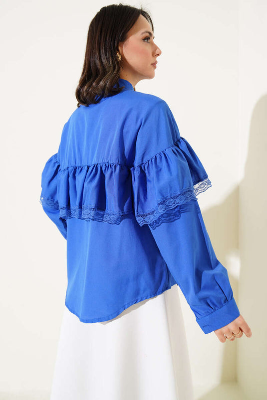 Ruffled Lace Short Shirt Royal Blue