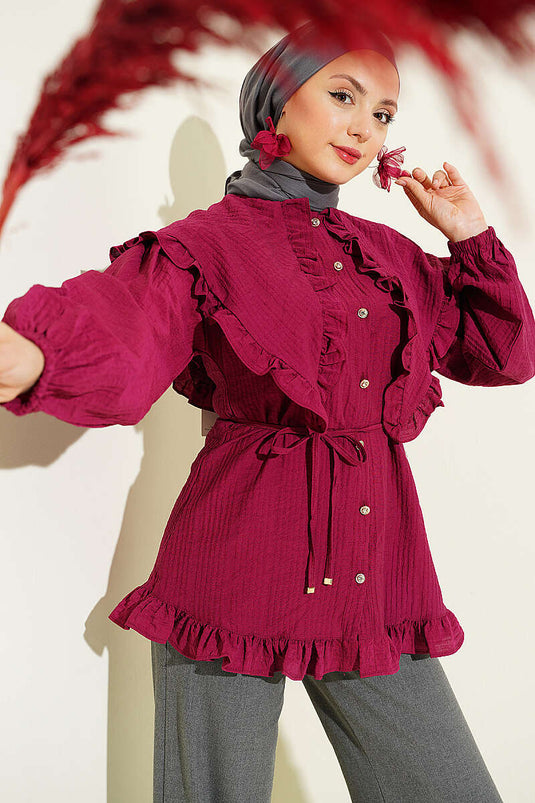 Ruffled Sailor Collar Shirt with Rope Belt Burgundy