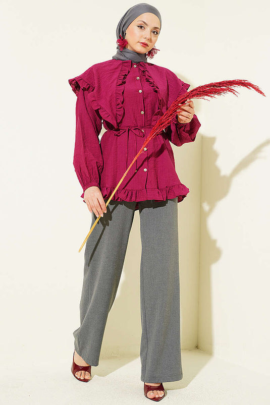 Ruffled Sailor Collar Shirt with Rope Belt Burgundy