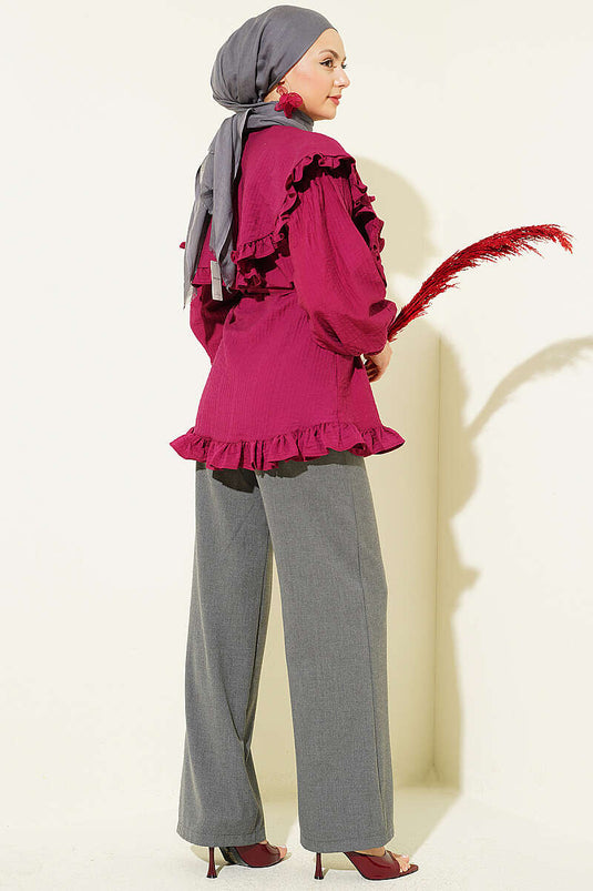 Ruffled Sailor Collar Shirt with Rope Belt Burgundy