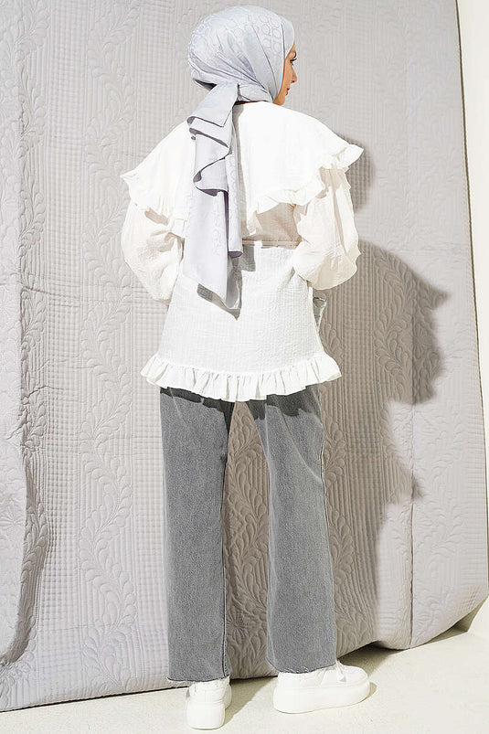 Ruffled Sailor Collar Shirt with Rope Belt Ecru