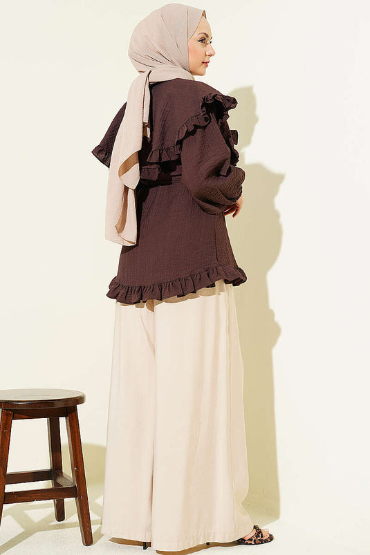 Ruffled Sailor Collar Shirt with Rope Belt Brown