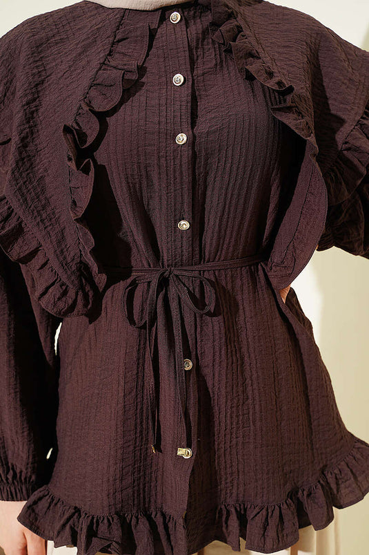 Ruffled Sailor Collar Shirt with Rope Belt Brown
