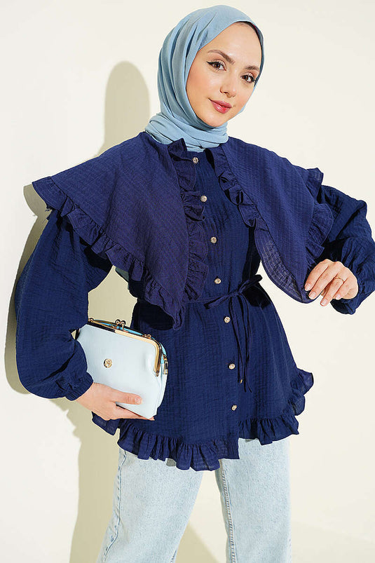 Ruffled Sailor Collar Shirt with Rope Belt Navy Blue