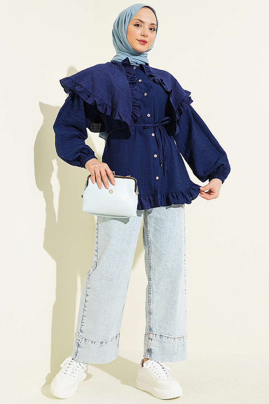 Ruffled Sailor Collar Shirt with Rope Belt Navy Blue