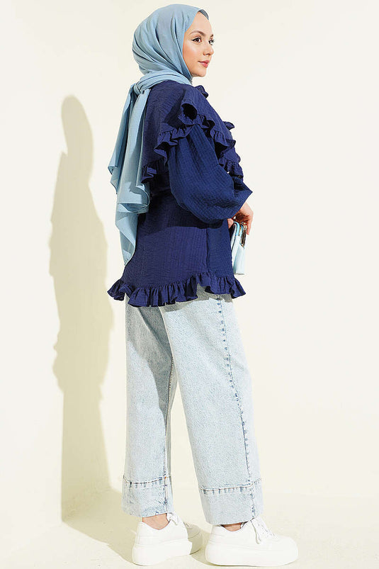 Ruffled Sailor Collar Shirt with Rope Belt Navy Blue