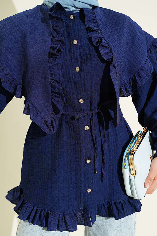 Ruffled Sailor Collar Shirt with Rope Belt Navy Blue