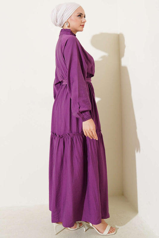 Fırfırlı Düğmeli Elbise Magenta