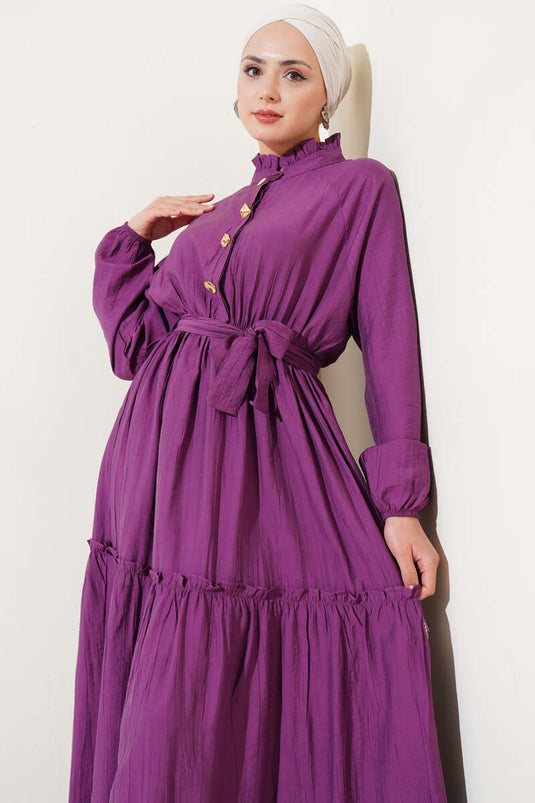 Fırfırlı Düğmeli Elbise Magenta