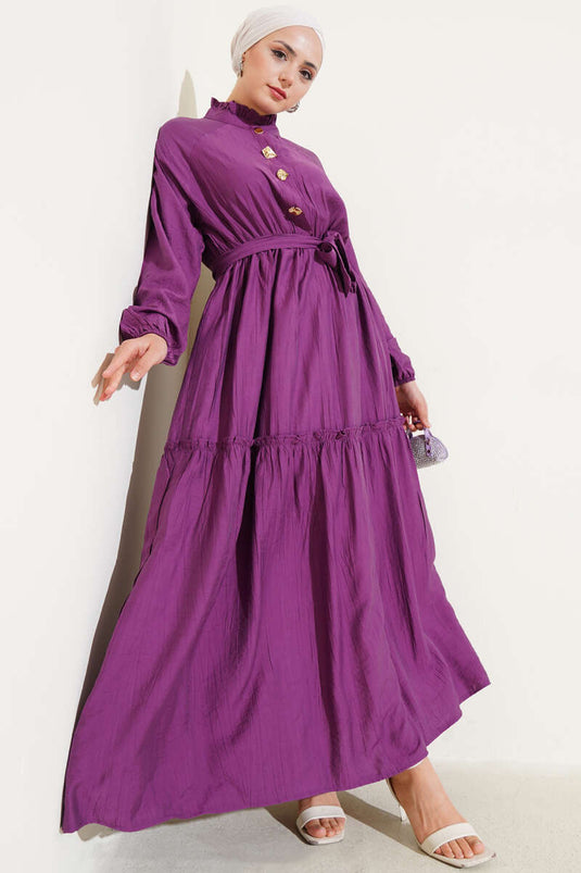 Fırfırlı Düğmeli Elbise Magenta