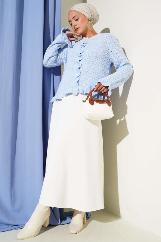 كارديجان قصير محبوك بأزرار مكشكشة باللون الأزرق