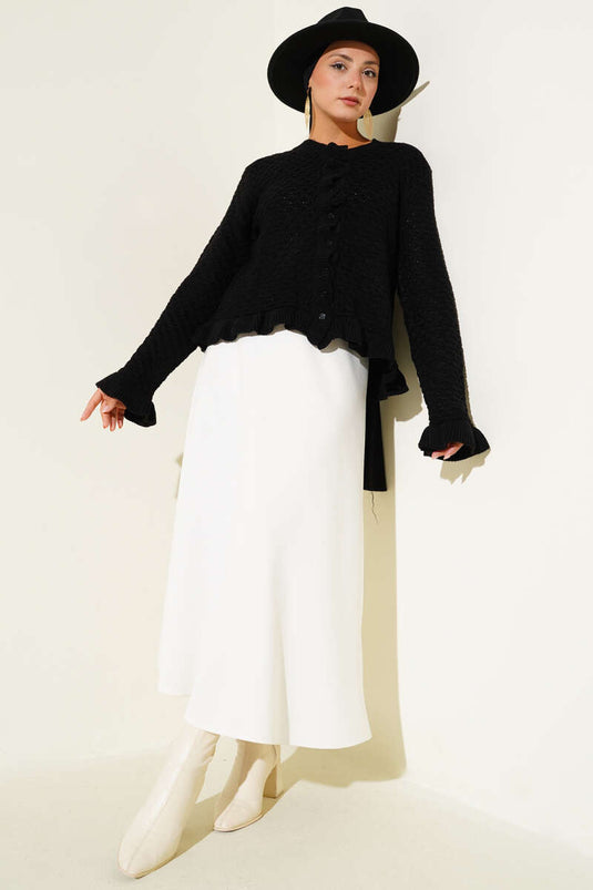 كارديجان قصير محبوك بأزرار مكشكشة باللون الأسود