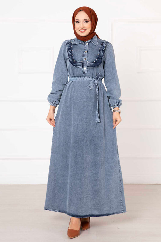 Robe En Jean Détaillée De Perles À Volants Bleu Clair