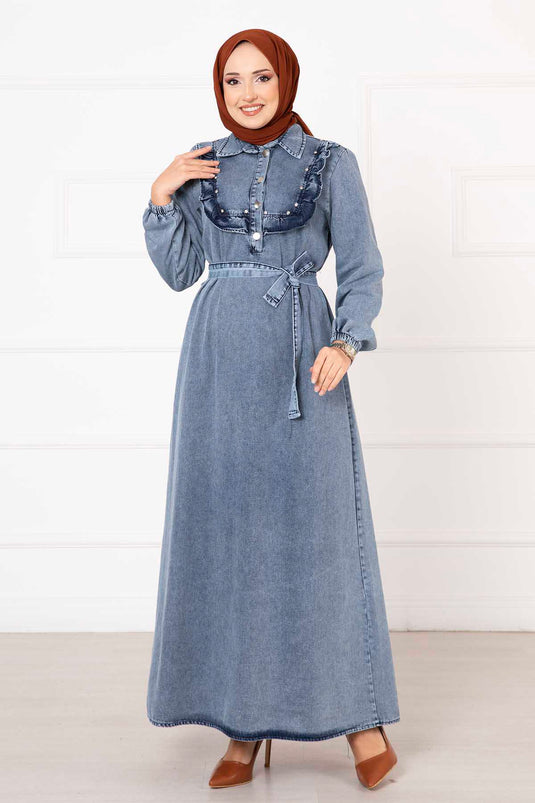 Ruffled Pearl Detailed Denim Dress Light Blue