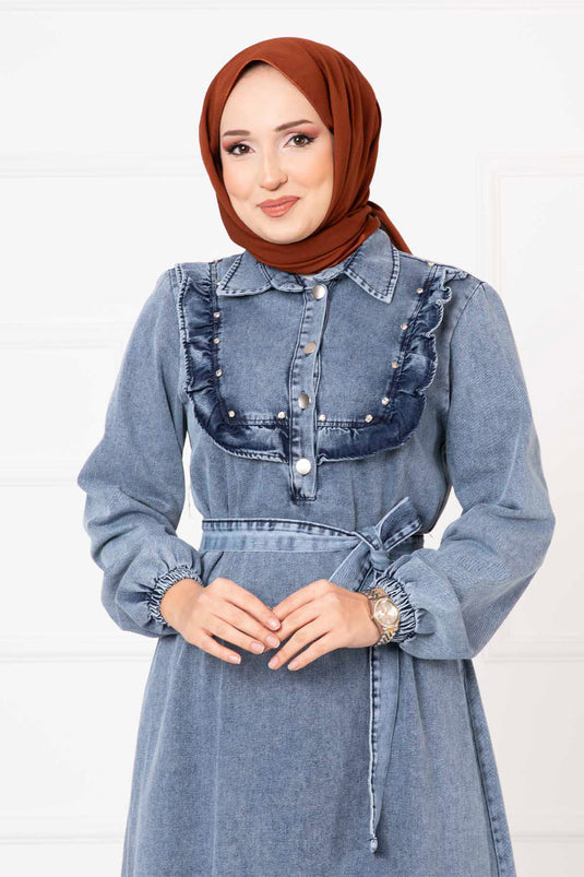 Ruffled Pearl Detailed Denim Dress Light Blue