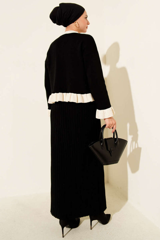 تنورة مزينة باللؤلؤ ومكشكش، طقم من قطعتين محبوكتين، أسود