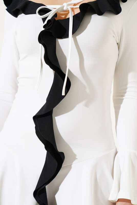 Ruffled Rope Tie Mini Dress in Ecru