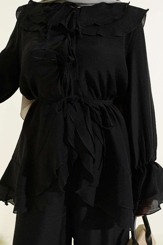 Ensemble double à cordon avec volants noir