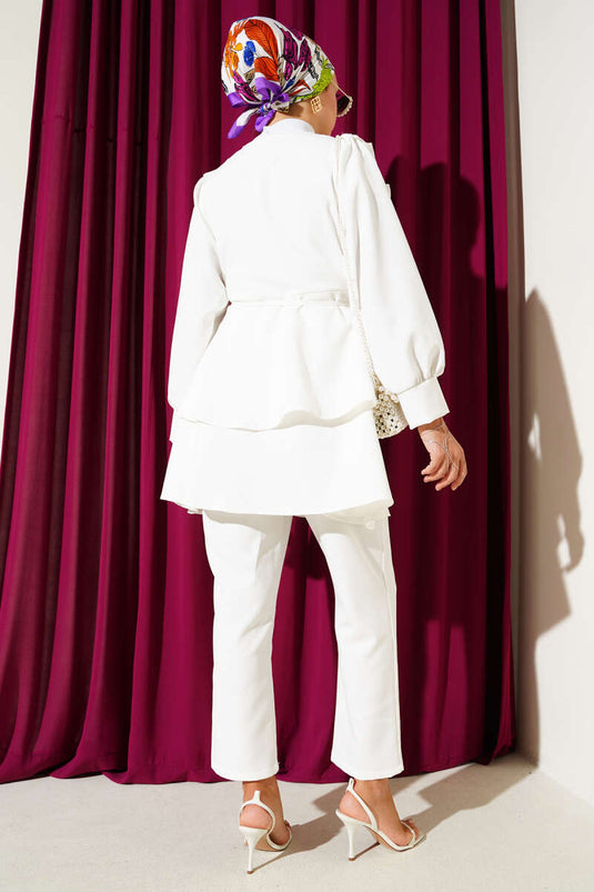 Tuniek met ruches en riem, tweedelige set, wit