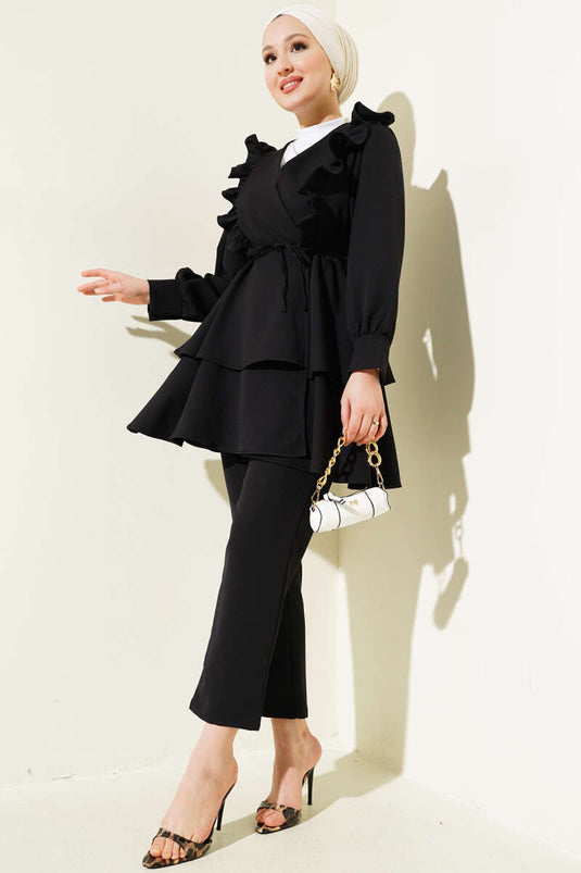 Ensemble tunique à volants avec ceinture en corde, noir