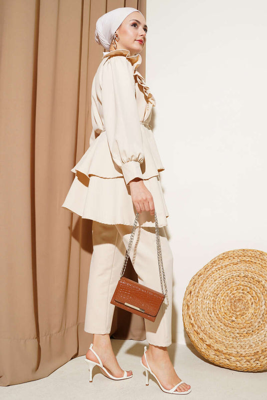 Geplooide touwgordel tuniek tweedelig set steen