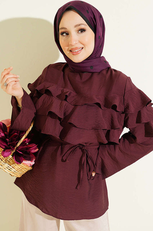 Tunique prune avec ceinture en corde et volants
