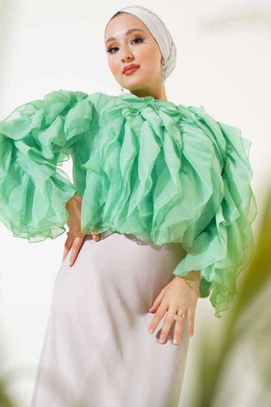 Blouse Courte À Volants Vert