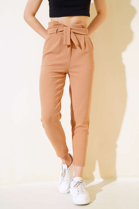 Skinny broek met ruches en riem in camel
