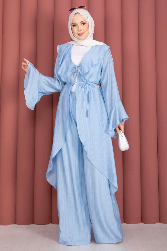 Fırfırlı Kuşaklı Kimono Pantolon Takım Bebe Mavisi
