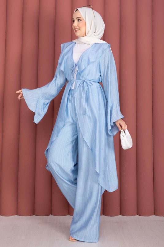 Fırfırlı Kuşaklı Kimono Pantolon Takım Bebe Mavisi