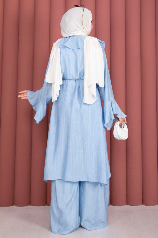 Fırfırlı Kuşaklı Kimono Pantolon Takım Bebe Mavisi