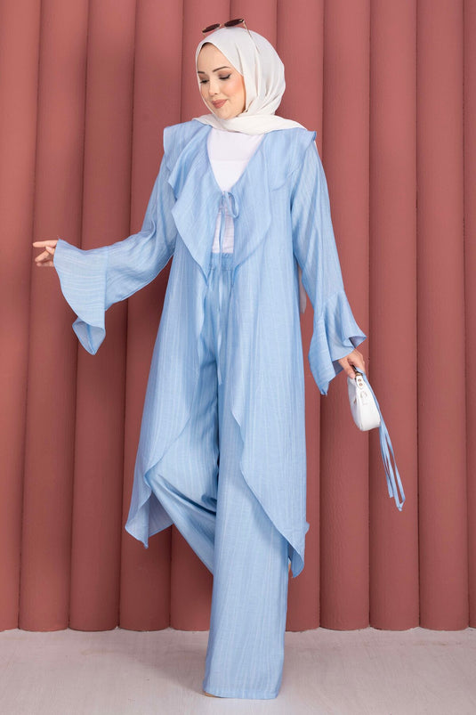 Fırfırlı Kuşaklı Kimono Pantolon Takım Bebe Mavisi