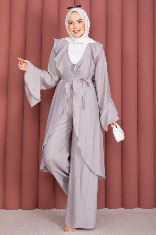 Fırfırlı Kuşaklı Kimono Pantolon Takım Gri